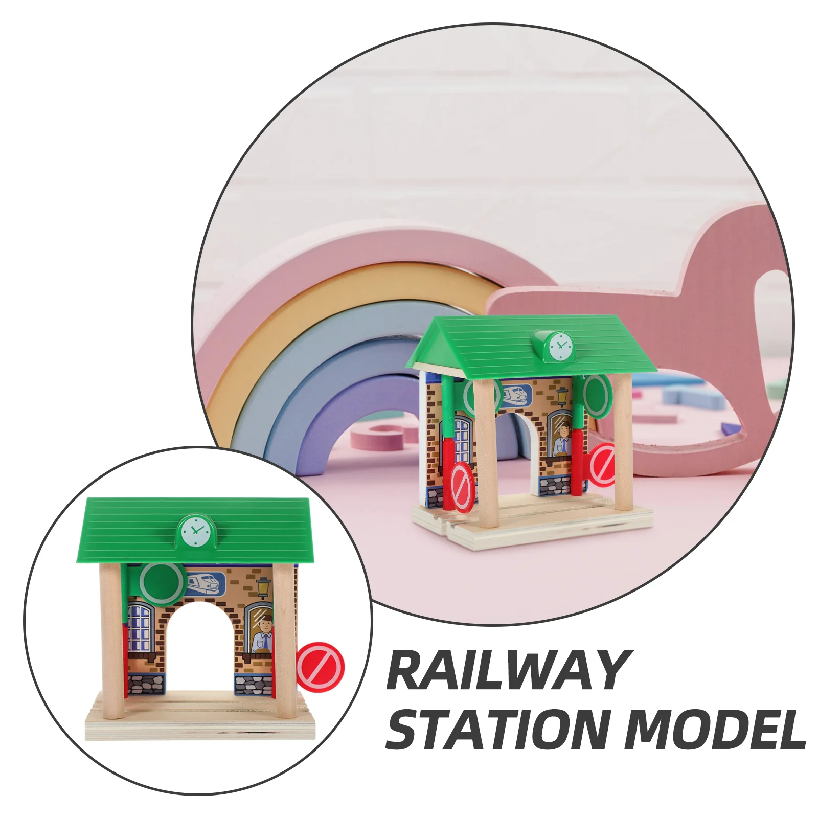 ติดตามรถไฟอุปกรณ์เสริม DIY สถานีตลกรถไฟเล่นไม้สําหรับเด็กจําลอง Pretend Toy Decor