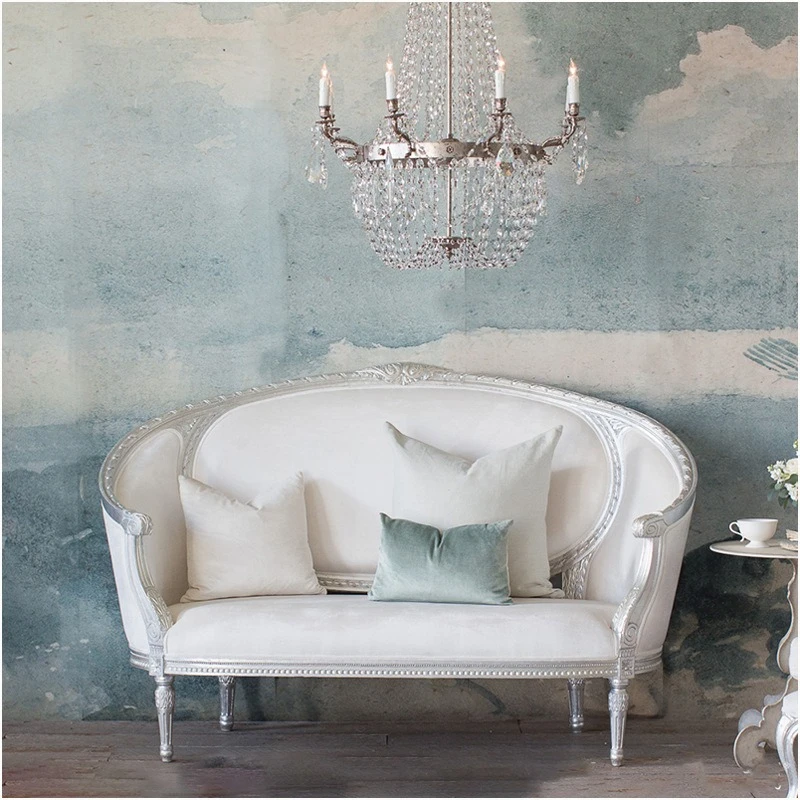 American neoclassical carved solid wood soft bag double sofa, French retro old gold solid wood three-person sofa