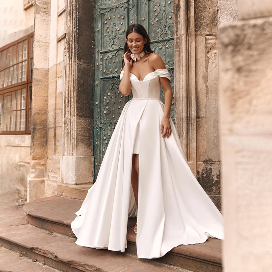 

Customized Sweetheart A-Line Satin Wedding Dresses Removable Skirt Bride Gown Backless Zipper Evening Gown