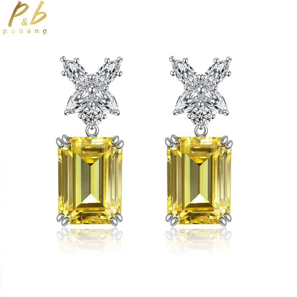 

PuBang Fine Jewelry 925 Sterling Silver Luxury Baguette Stud Earrings Yellow Gem Created Moissanite for Women Gift Drop Shipping