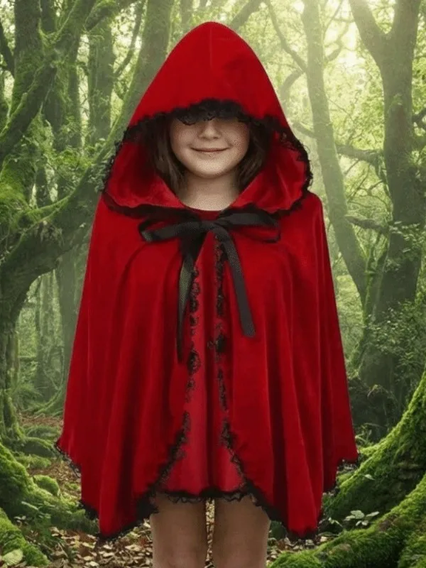 Red Velvet Short Cape Halloween Role-playing Cos Little Red Riding Hood Princess Shawl Lace Cape Polyester Fabric Women's Wear