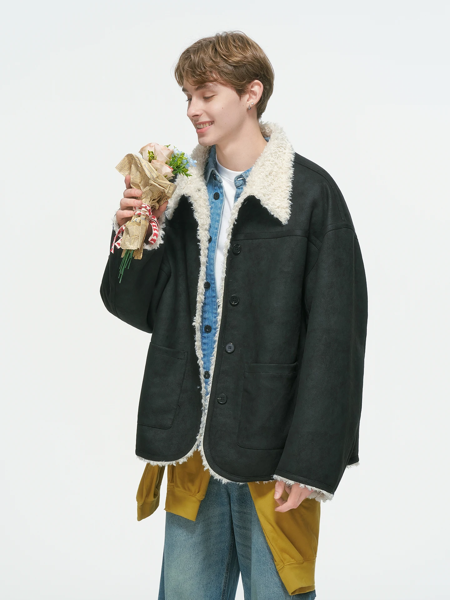 Dream Made Men's Thickened Suede Jacket Winter Coat Integrated Leather Fur Youth Casual Long Sleeve Button up Warm Coat