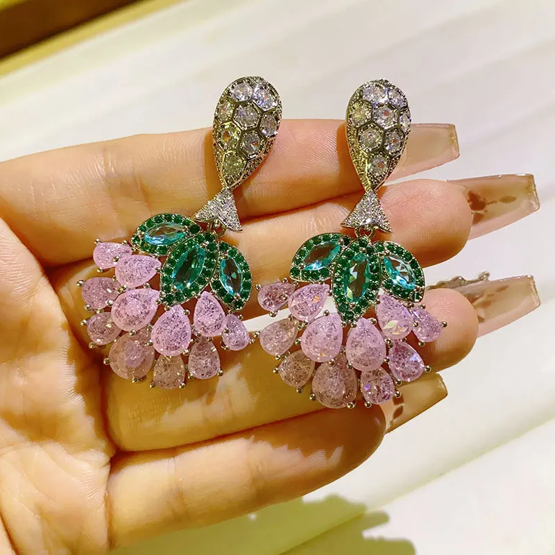 Flower Plant Earrings Pink Green Zirconia Sweet Luxury Jewelry Women Dangling Earrings