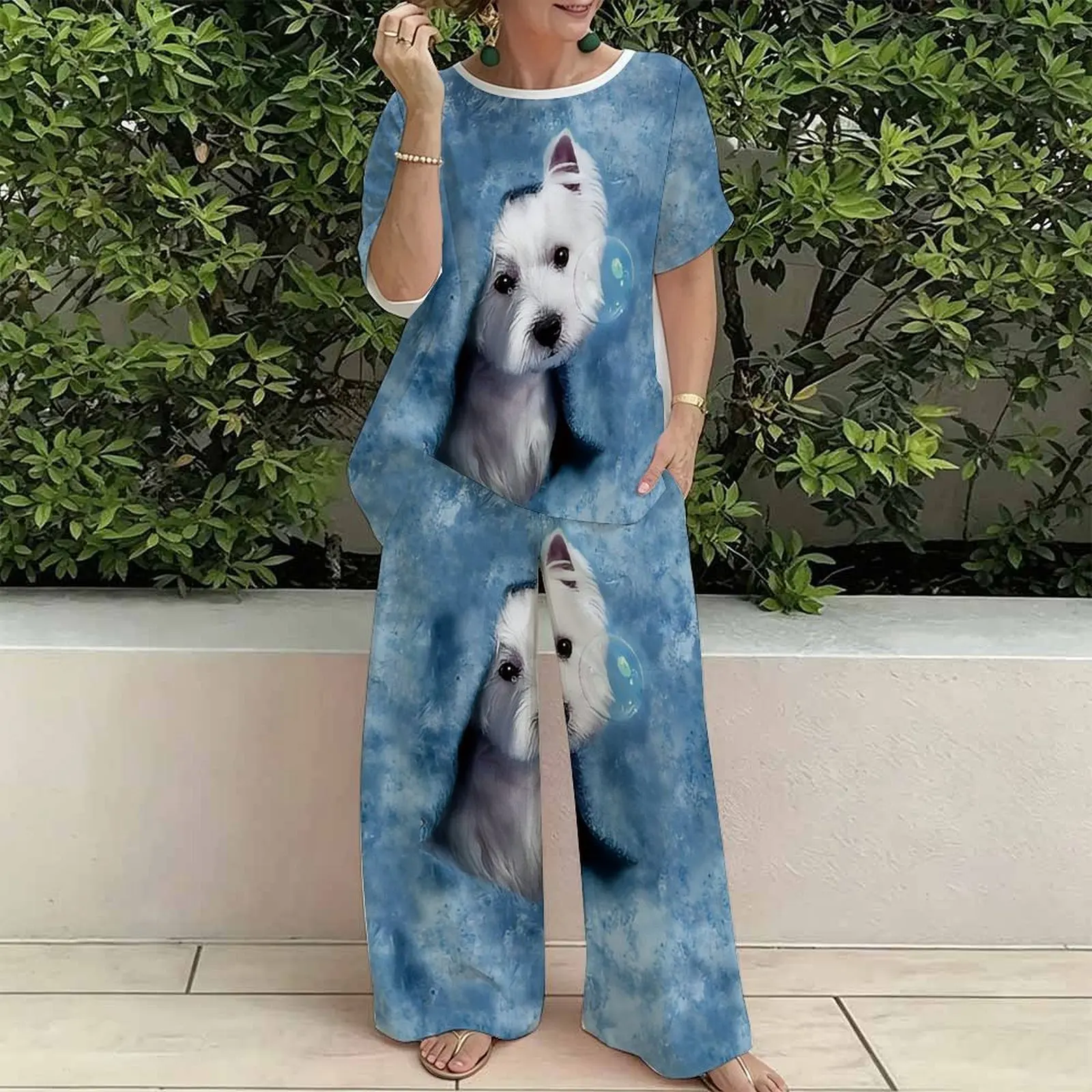 Plus Size Women Spring/summer Print Two Piece Set Street Vacation Short Sleeved Fashion Retro Tops Everyday Casual Long Pants