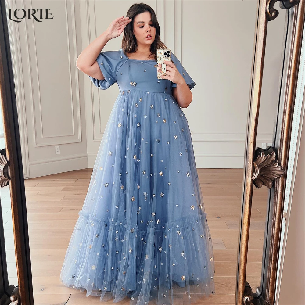 

LORIE Dark Blue Glitter Formal Prom Dresses Stars Sequins A-Line Long Square Collar Evening Dress Puff Sleeves 2023 Party Gowns