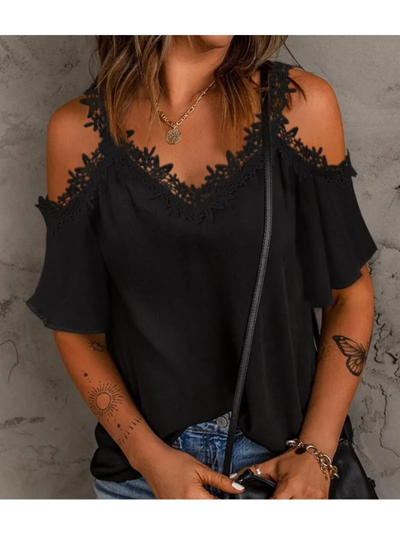 Women\'s Fashionable Solid Color V-neck Lace Short Sleeved Off Shoulder Casual Hollow Out T-shirt