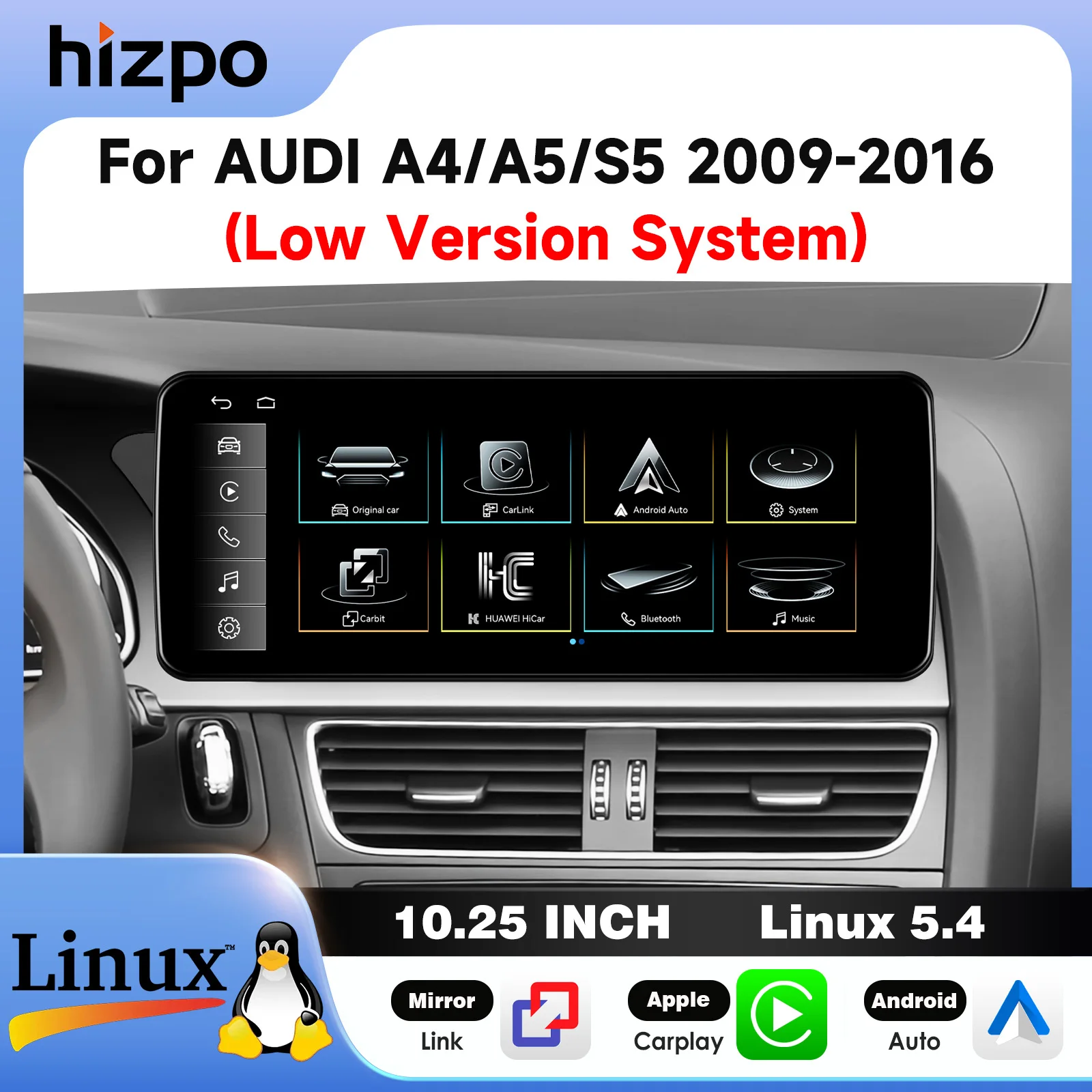 Hizpo 10,25 Zoll 12,3 Zoll Autoradio für Audi A4 A5 S5 2009-2016 Basisversion Auto CarPlay Bluetooth SWC 1920*720 HD-Bildschirm Linux5.4