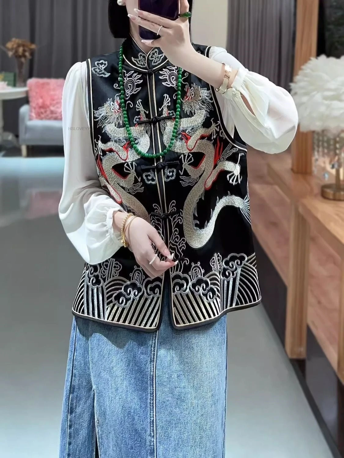 Vintage Chinese Style Vests Jacket   Embroidered  Dragon Buckle Tang Costume Coat Sleeveless Women's Vest Tangsuits Vest Coat