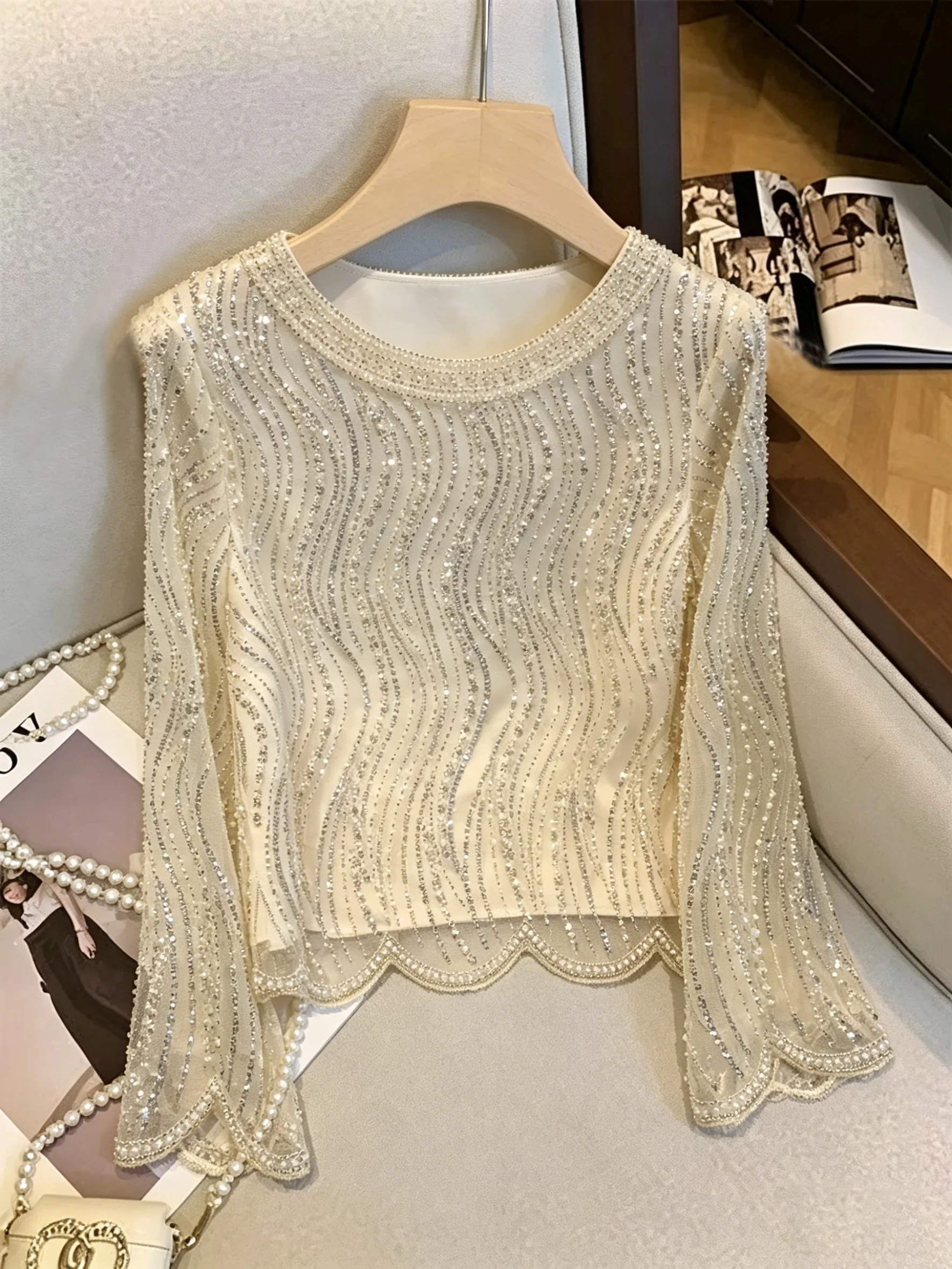 Elegant Luxurious Beaded Sequin Apricot Round Neck Blouse - Sparkling Casual Fashion Long Sleeve Shirt, Versatile For All Season