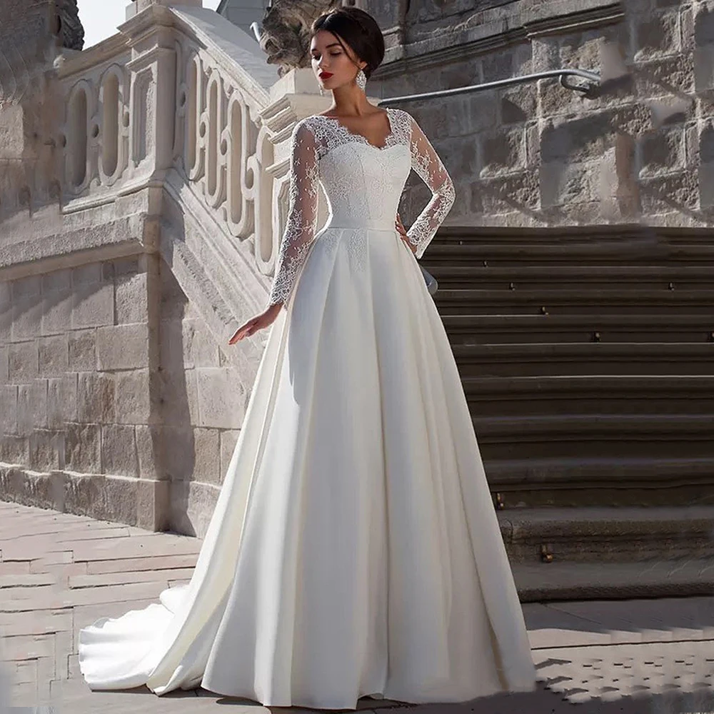 

HUNXIU A-Line Floor Length Wedding Dress Illusion Tulle Lace Applique Long Sleeve V-Neck Satin Bride Formal Church Marriage Gown