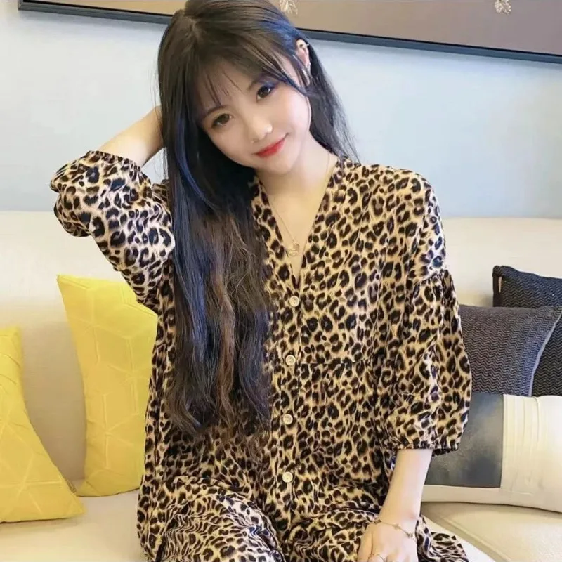 Print Cotton Sleepwear Women Summer Pajamas Sets Big Size Loungewear Homewear Nightwear Loose Korean Fashion Lounge Set