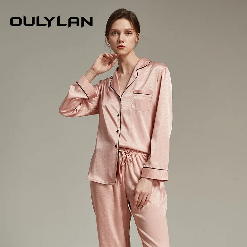 Leisure Breathable Turn-down Collar Pajamas Set Solid Long Sleeve Trouser Sleepwear Suit Loose Home Wear Pijamas