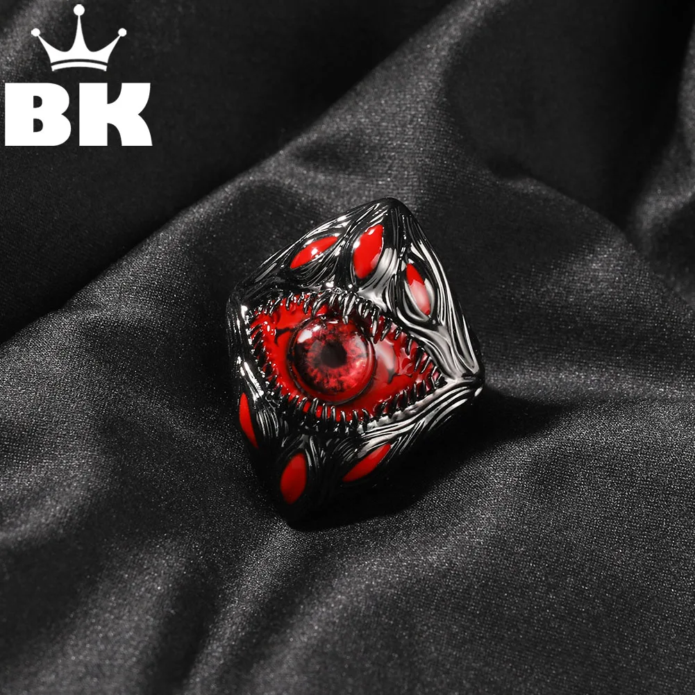 THE BLING KING Men's Red Devil Eye Ring Ruby Evil Teeth Big Black Parasite Charm Gothic Vintage Punk Jewelry For Cosplay Party