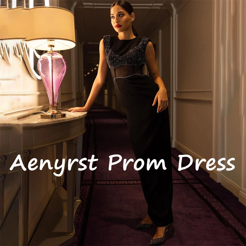 Aenyrst Black O-Neck Saudi Arabia Prom Dresses Mermaid Beading Sleeveless Evening Gowns Ankle Length Bodycon Party فساتين السهرة