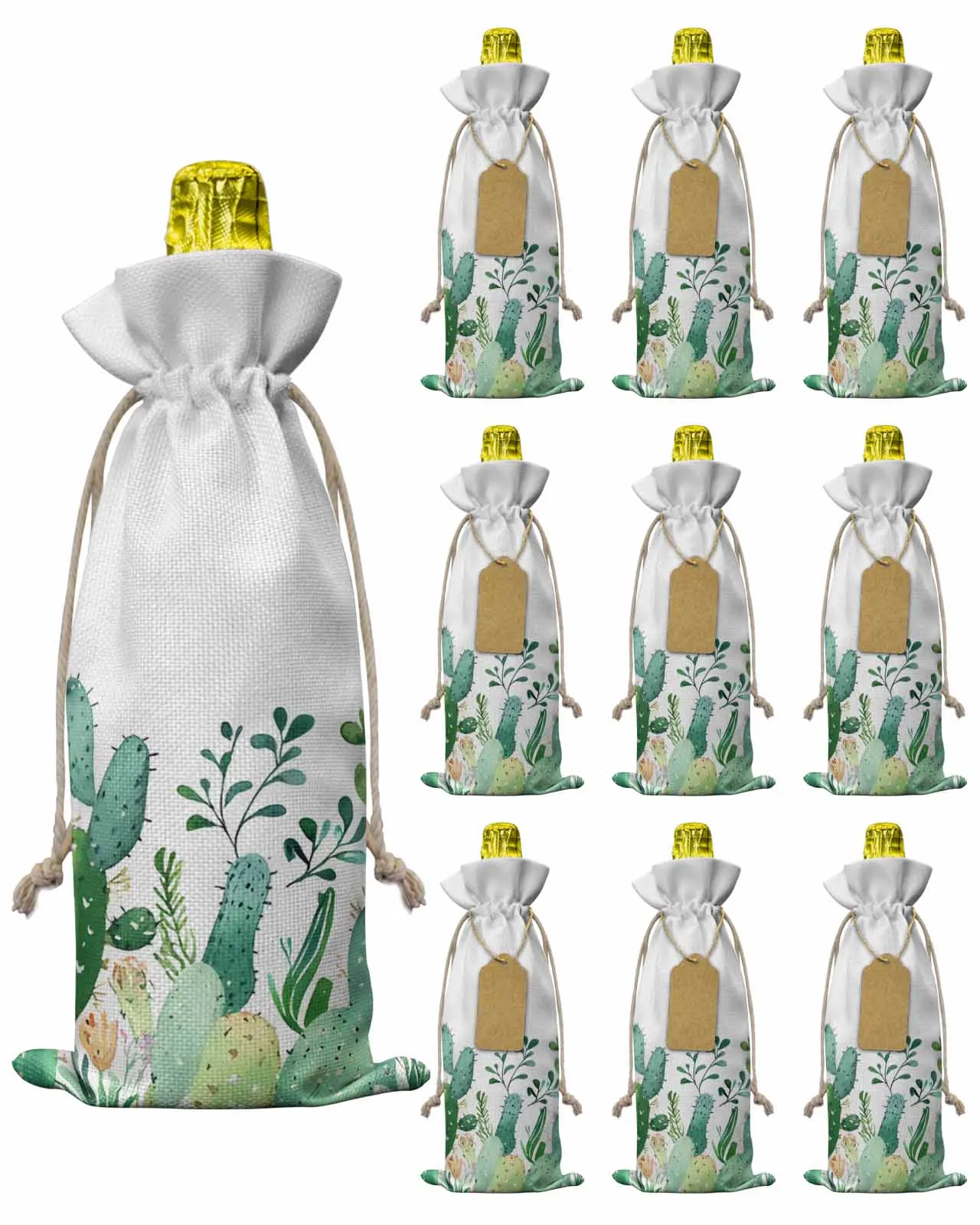 

10pcs Wine Bottle Covers Watercolor Green Cactus Wine Holder Carrier Packaging Bag Wedding Party Decor Gift