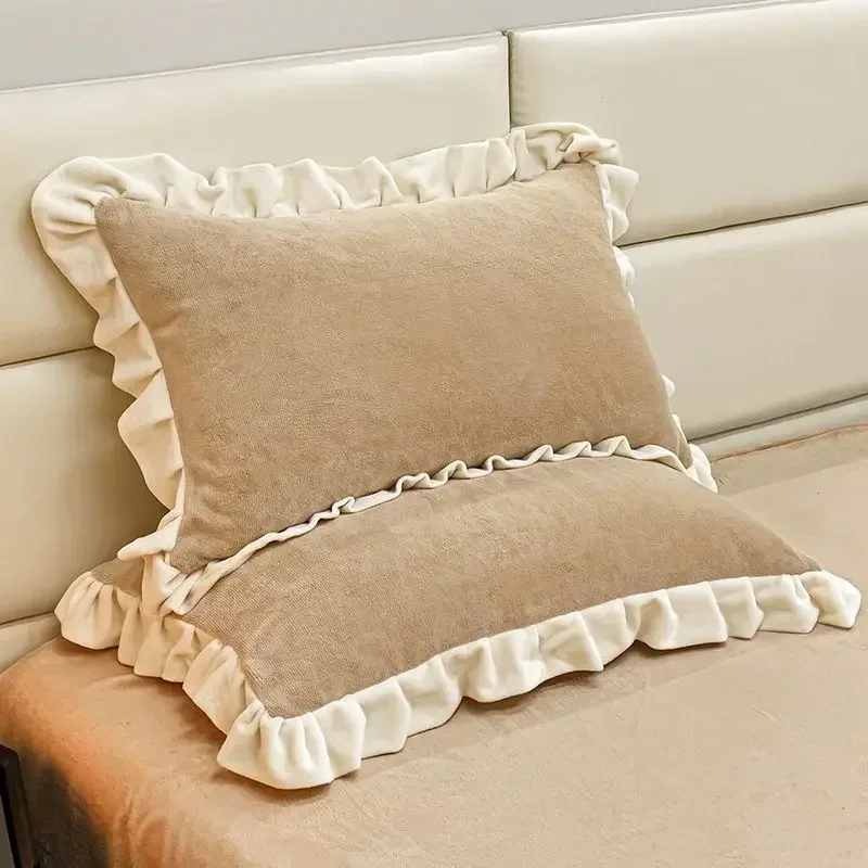 Lace Autumn Winter Thickened Milk Velvet Pillow Case Pair 48x74cm Cozy Skin-friendly Dual-sided Pillowcase Single Person Pillow