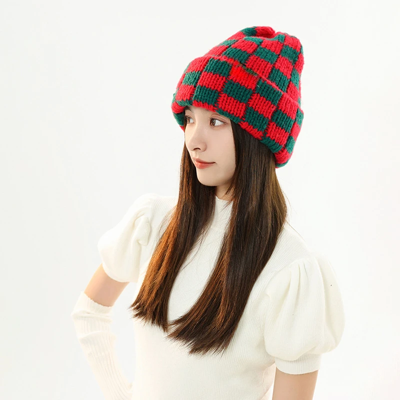 New Japanese Korean Winter Check Plaid Skullies Beanies Knit Hat for Women Ins Luxury Brand Y2k Bonnet Heavy Warm Hat Casual Cap