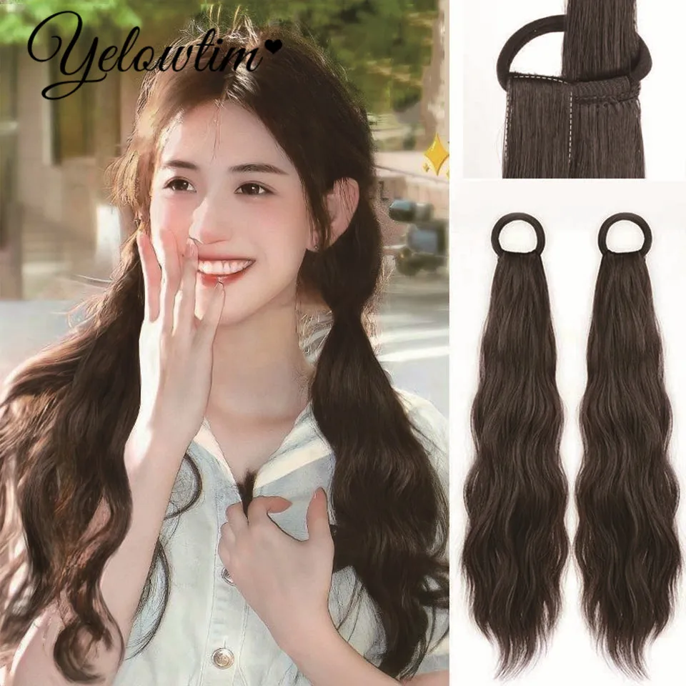 

YELOWTIM 16inch Synthetic Long Curly Hair Band With Grab Clip Ponytail Wig Curly Hair False Ponytail Fluffy Hair Can Be Braided