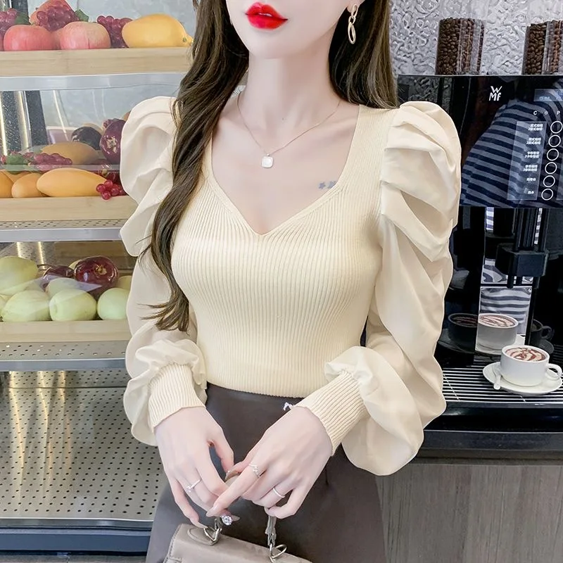 

Women Autumn Winter Korean 2024 New V-neck Pullover T-shirt Fashion Knit Stripe Chiffon Splicing Sexy Versatile Puff Sleeve Tops