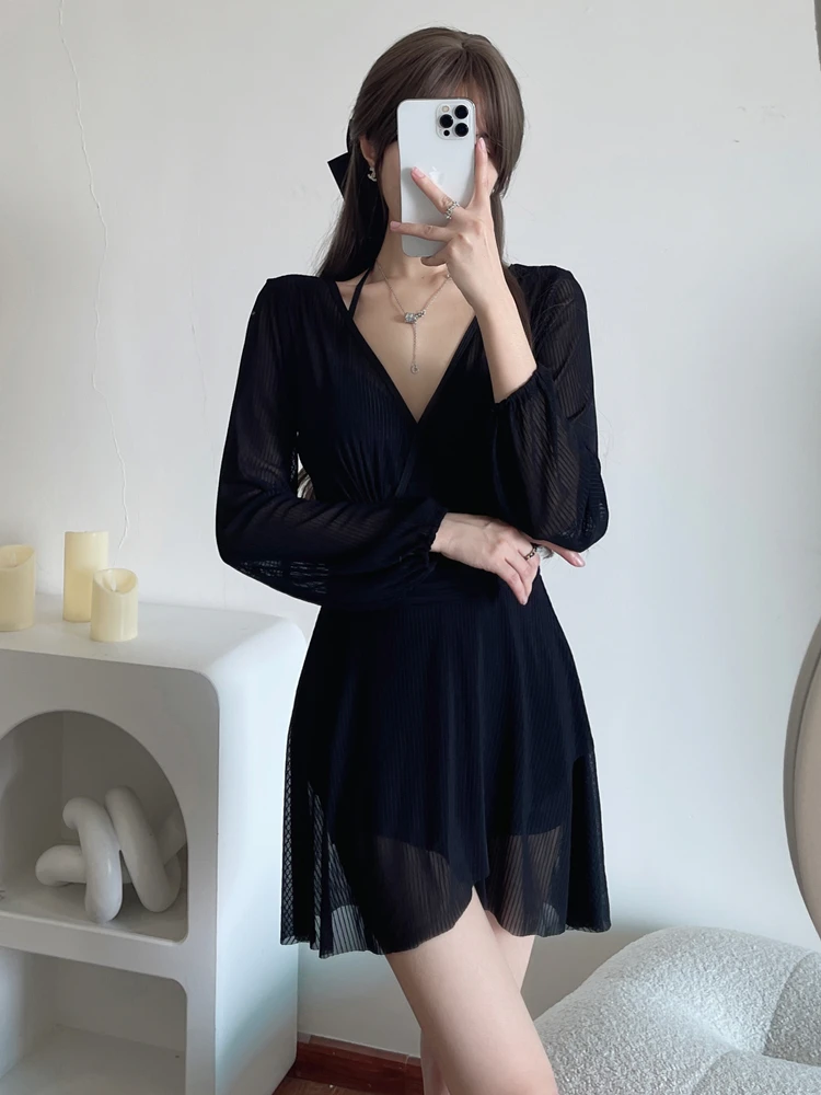 plus Size Women's One-Piece Swimsuit Skirt Sle Long Sve Thermal Spa Swimwear Conservative Belly Cover Slimming Korean INS