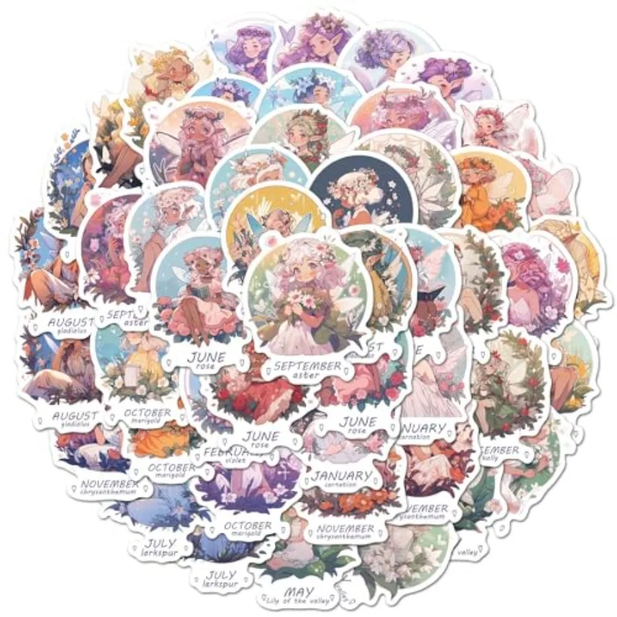 

50Pcs Birth Month Flower Fairy Stickers Aesthetic Floral Winged Pixie Decals for Water Bottles Laptop Journaling Waterproof Vin
