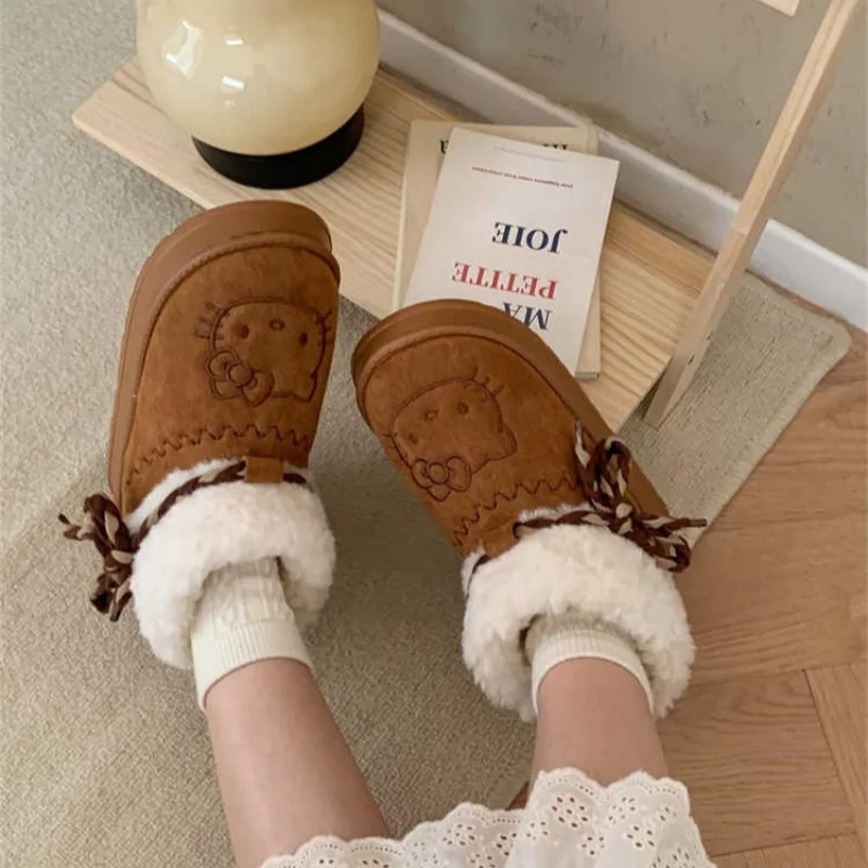 Hot Sanrio Hello Kitty Snow Winter Girl Plush Snow Booties Keep Warm Slippers Shoes Non-Slip Sneaker Outdoor Warmth Snow Boots