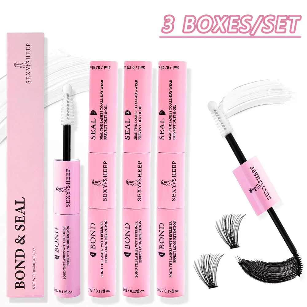 Eyelash Glue and Seal for Eyelash Clusters Strong Fixed  Eyelash Glue Lasting 48H 2 in 1(5ml Black Glue + 5ml Clear Seal)