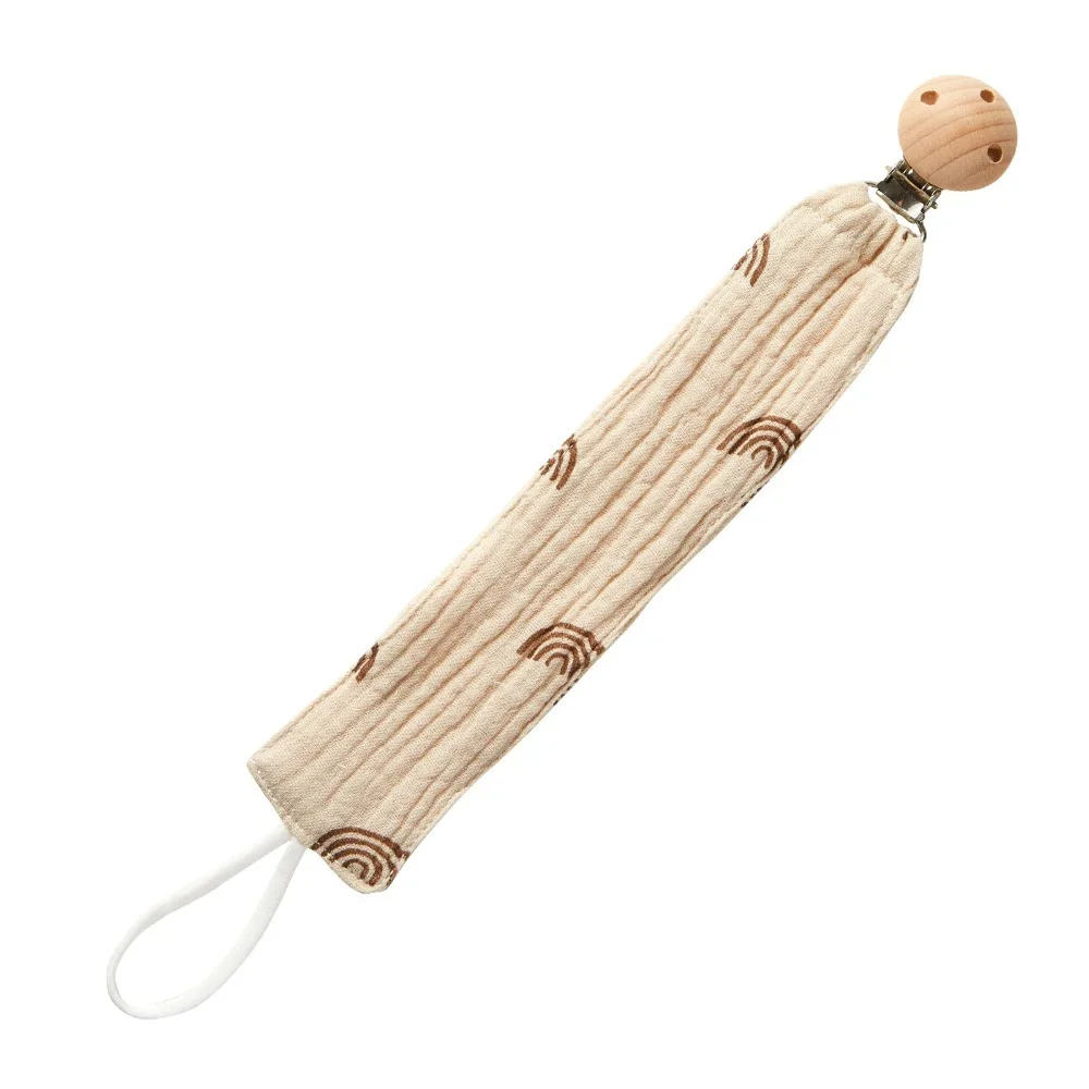 New Cotton Gauze Baby Pacifier Clip Chain Print Safe Wooden Nipple Holder Clips Anti-drop Pacifier Holder Baby Pacifier