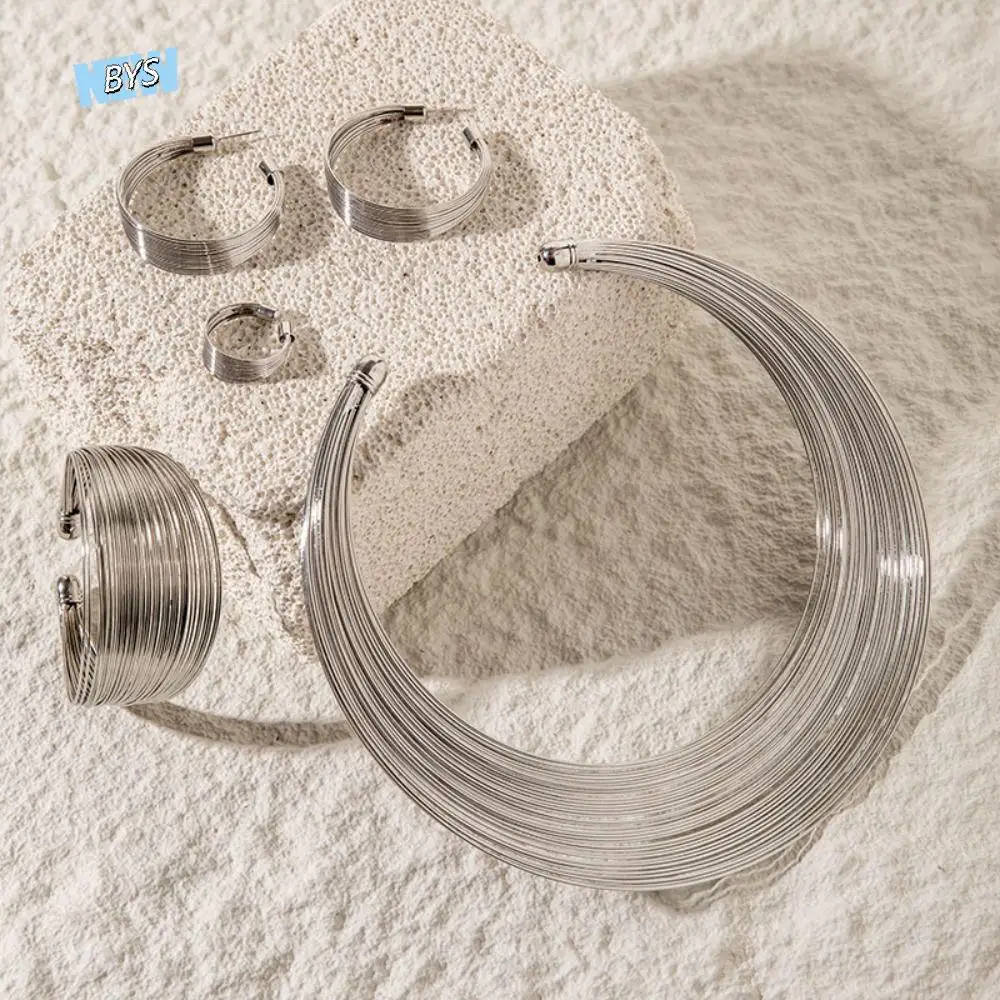 

Earring Multilayer Metal Wire Jewelry Set Finger Ring Jewelry Accessories Exaggerated Necklace Korean Style Alloy Party