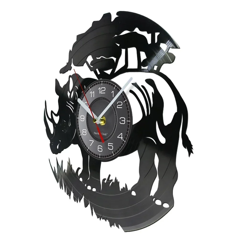 Safari Rhinocero Laser Cut Wall Clock Ramhorn Mammal African Animal Vinyl Disk Crafts Rhino Art Watch for Kid Living Room