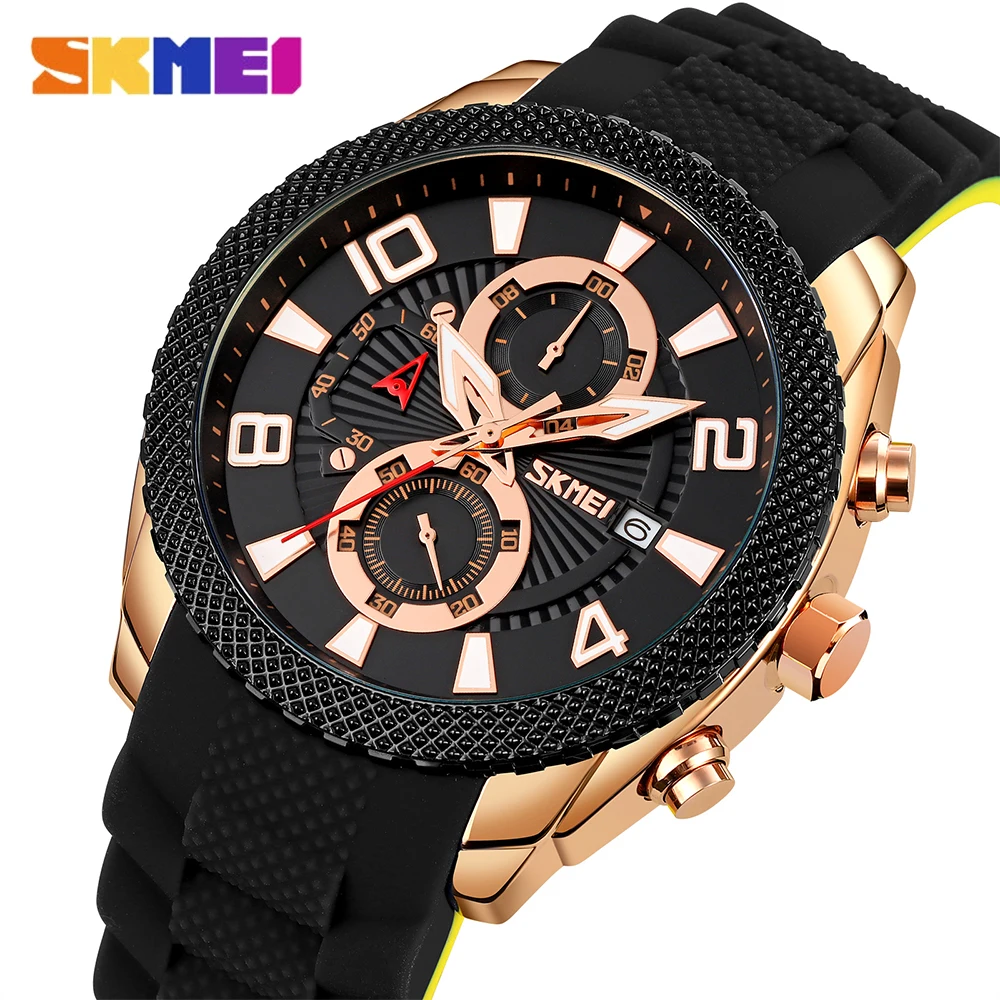 

SKMEI Watch Men Fashion Casual Waterproof Automatic Date Chronograph Quartz Wristwatches Brand Male Silicone Luminous Hand Clock