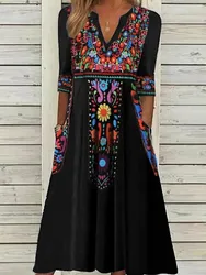 Vintage Dresses For Women 2024 Fall Ladies V-neck Pocket Boho Print Seven-quarter Sleeve Dress Fashion Midi Dress Robe  Femme