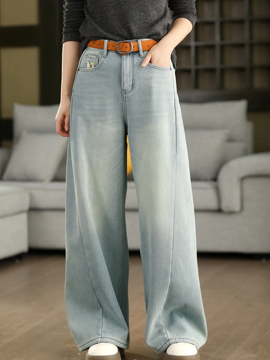 

Утепленные джинсы с вышивкой и флисовой подкладкой, с высокой талией, прямые, широкие штанины, зимние, теплые, женские, в стиле ретро