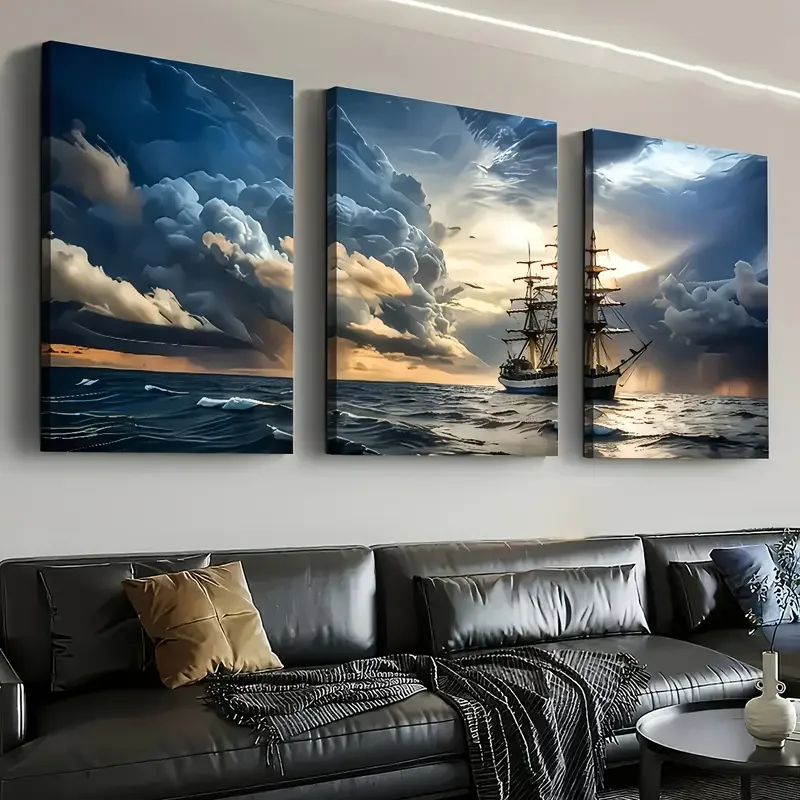 

Full Square Round Diamond Mosaic Triptych 5D Diamond Painting Embroidery Lightning Clouds Huge Waves Boat Picture Of Rhinestones