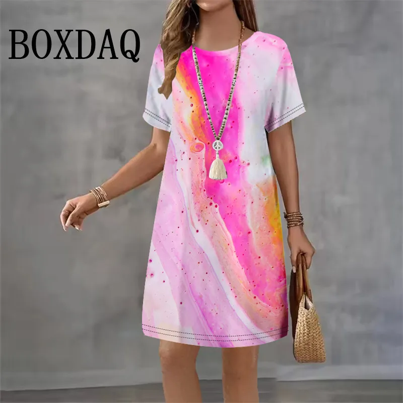 أزياء الصيف فساتين نسائية عادية مجردة الشارع اللوحة الوجه المطبوعة فستان قصير الأكمام عادية س الرقبة تي شيرت فستان فضفاض