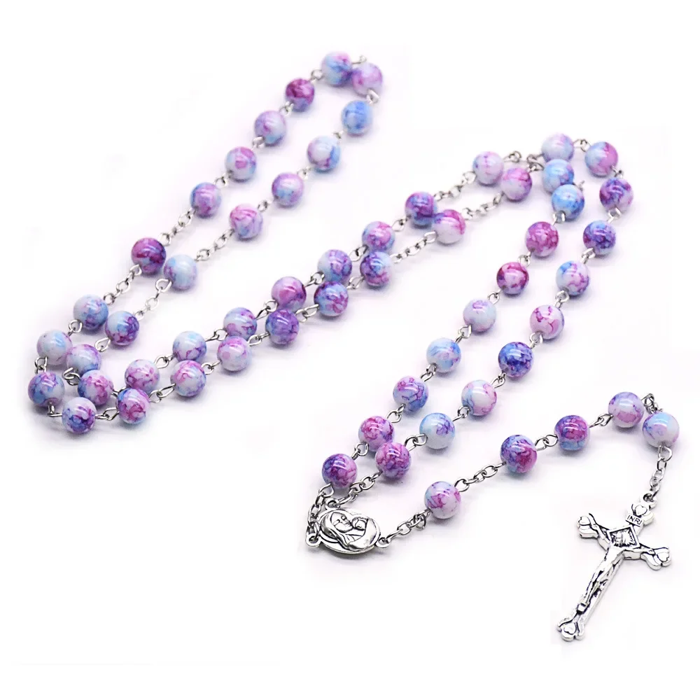 CR015 Vintage Cross Rosary Necklace 8mm Round Glass Beads Jesus Pendant Necklace Women Catholic Religious Jewelry