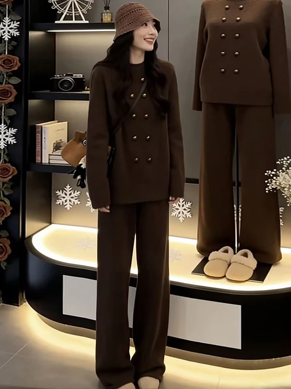 

Модный женский осенне-зимний комплект из двух предметов: брюки с высокой талией и широкими штанинами в корейском стиле, дышащие, цвета «сахарные каштаны»