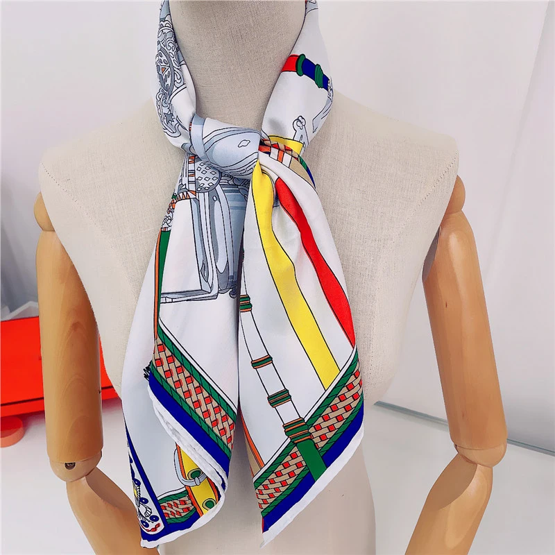 Belt Stirrup Print Manual Hand Rolled Twill Silk Scarf Women Fashion Square Scarves Foulard Femme Wrap Lady Bandana Hijab