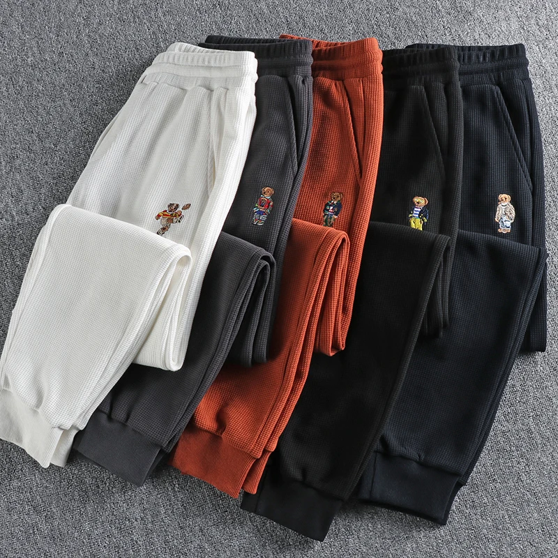 Autumn American Simple Waffle Embroidery Sweatpants Men's Fashion Pure Cotton Loose Elastic Waist Drawstring Sport Casual Pants