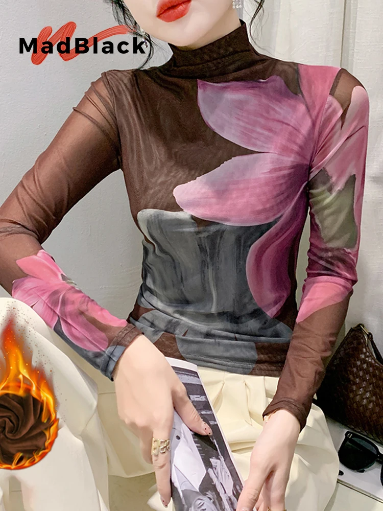 

MadBlack-Women's European Fleece T-Shirt, Sexy Turtleneck Floral Print, Fashion Long Sleeve Slim S-3XL Tee, 2025 Autumn T5N116CC