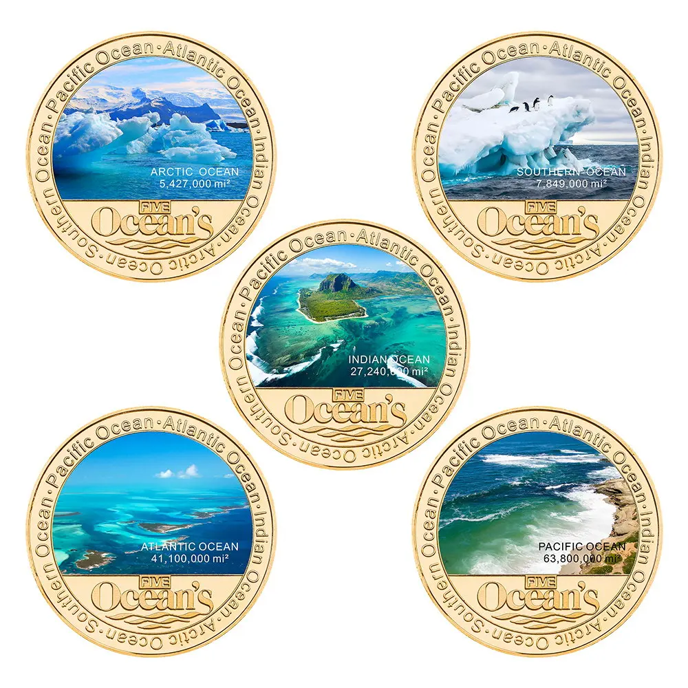 The Five Oceans of The World Commemorative Coins Set Atlantic Ocean, Pacific Ocean Souvenir Coin Christmas Gift for Collection