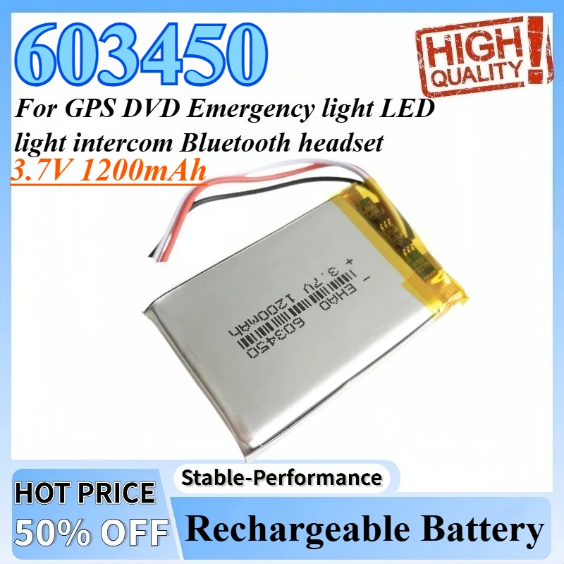 

603450 3.7V 1200mAh Lipo Polymer Lithium Rechargeable Battery for GPS DVD Recorder E-book Camera