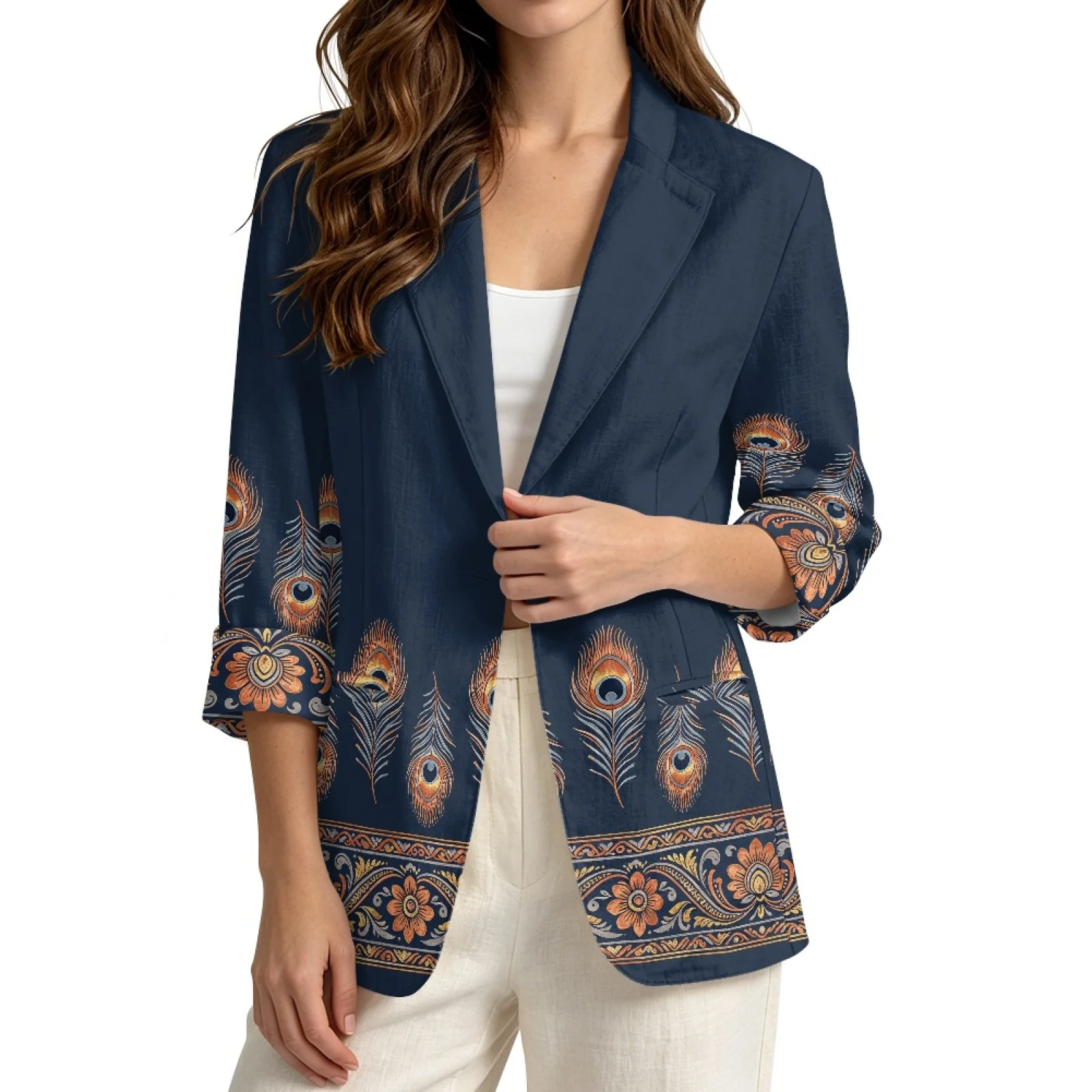 PENSTROLL Peacock Feather Linen Like Open Front Top Layering Top for Lady Lightweight Outerwear