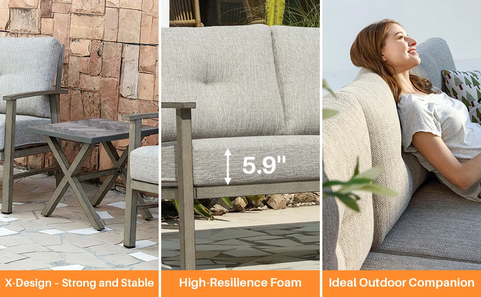 مجموعة CozyNest Duo مكونة من 2 أرائك ثابتة باللون الرمادي وطاولة جانبية على شكل حرف X مناسبة لجميع الأحوال الجوية في الأماكن المغلقة/الخارجية لتواريخ الشرفة ودردشة الحديقة للفنادق