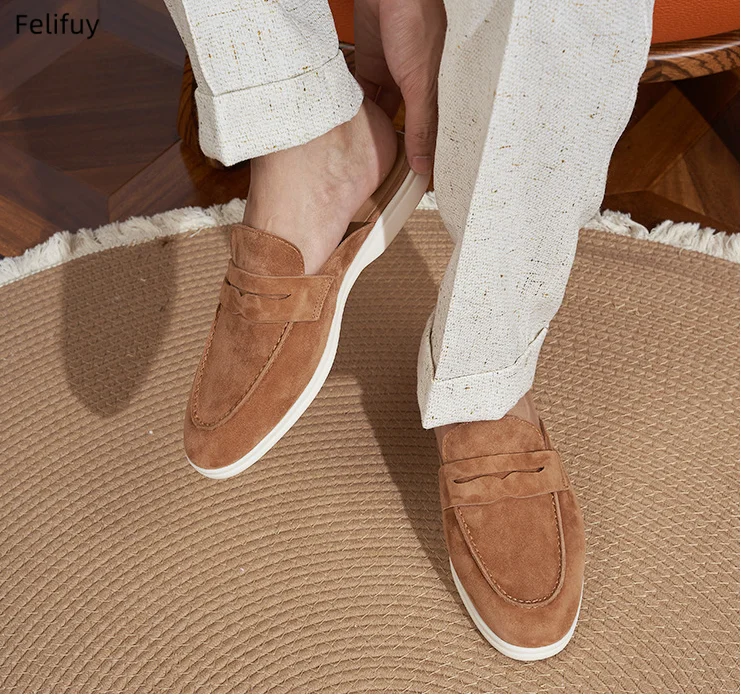British Style Brown Lazy Flat Bottomed Slip-On Shoes men's Summer New Fashion Half Slippers Genuine Leather Cool Casual Shoes