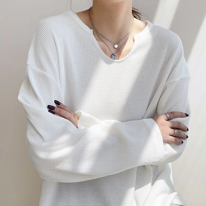 

New Texture White Lazy Style Waffle Collar Long Sleeved T-Shirt Solid Color Thin Top