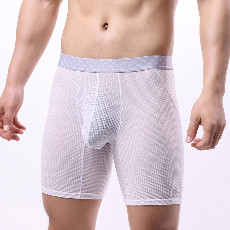 Men Underwear Boxer Shorts Homme Breathable Ice Silk Mid Waist Panites Man U Convex Pouch Long Leg Underpants Cueca Calzoncillos