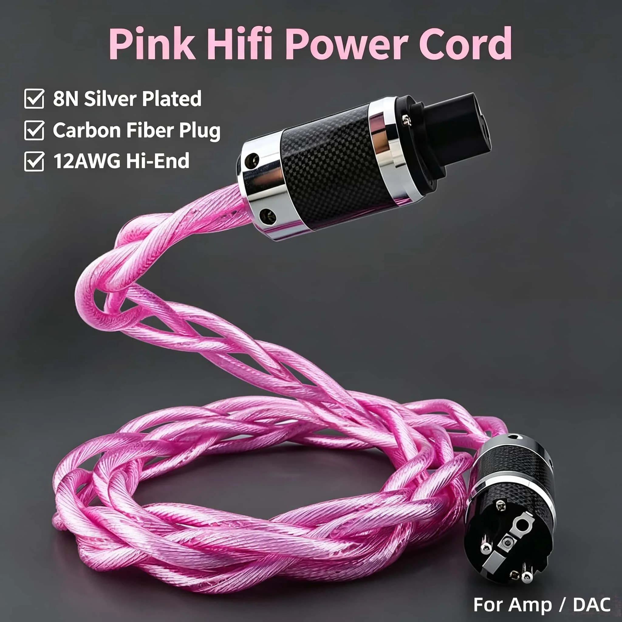 8N OCC Silver Plated HIFI Power Cable 12AWG Carbon Fiber IEC C13 AC Power Cord EU US Plug for Amplifier DAC Turntable