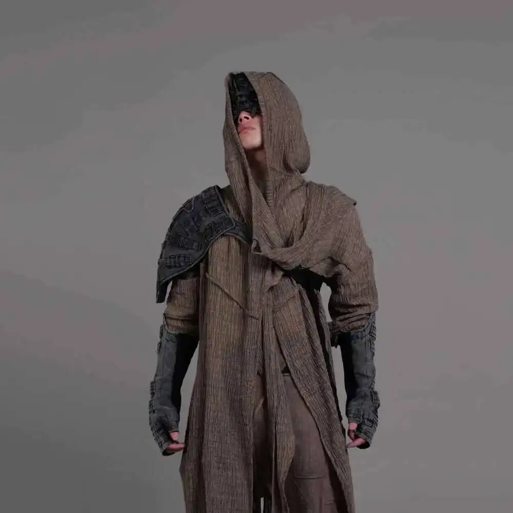 HKSH Men\'s Tide Punk  Waste Land Style Design Niche Linen Distressed Washed Cape Hooded Shirt Trendy Dark Garde-avant Top HK1566
