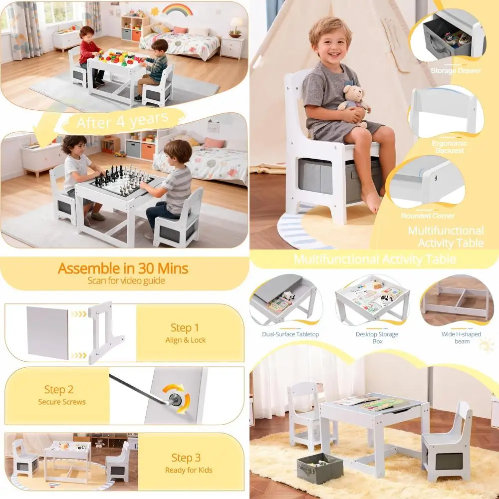 

3-in-1 Wooden Toddler Table and Chair Set with Storage, Detachable Top, Reading and Play Area, White & Gray